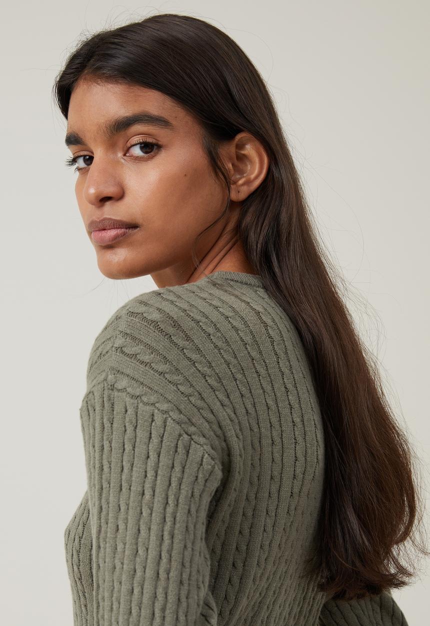 Cotton On - Everfine Cable Crew Neck Pullover - Woodland