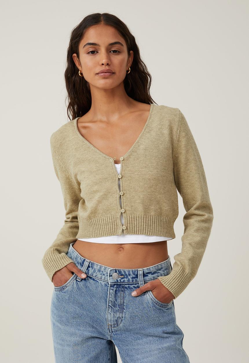 Cotton On - Everfine Crop V-Neck Button Cardigan - Olive Leaf Marle