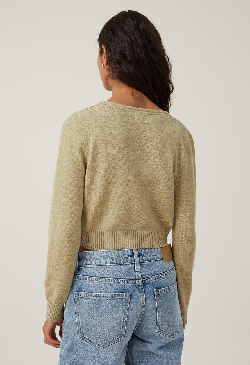 Cotton On - Everfine Crop V-Neck Button Cardigan - Olive Leaf Marle