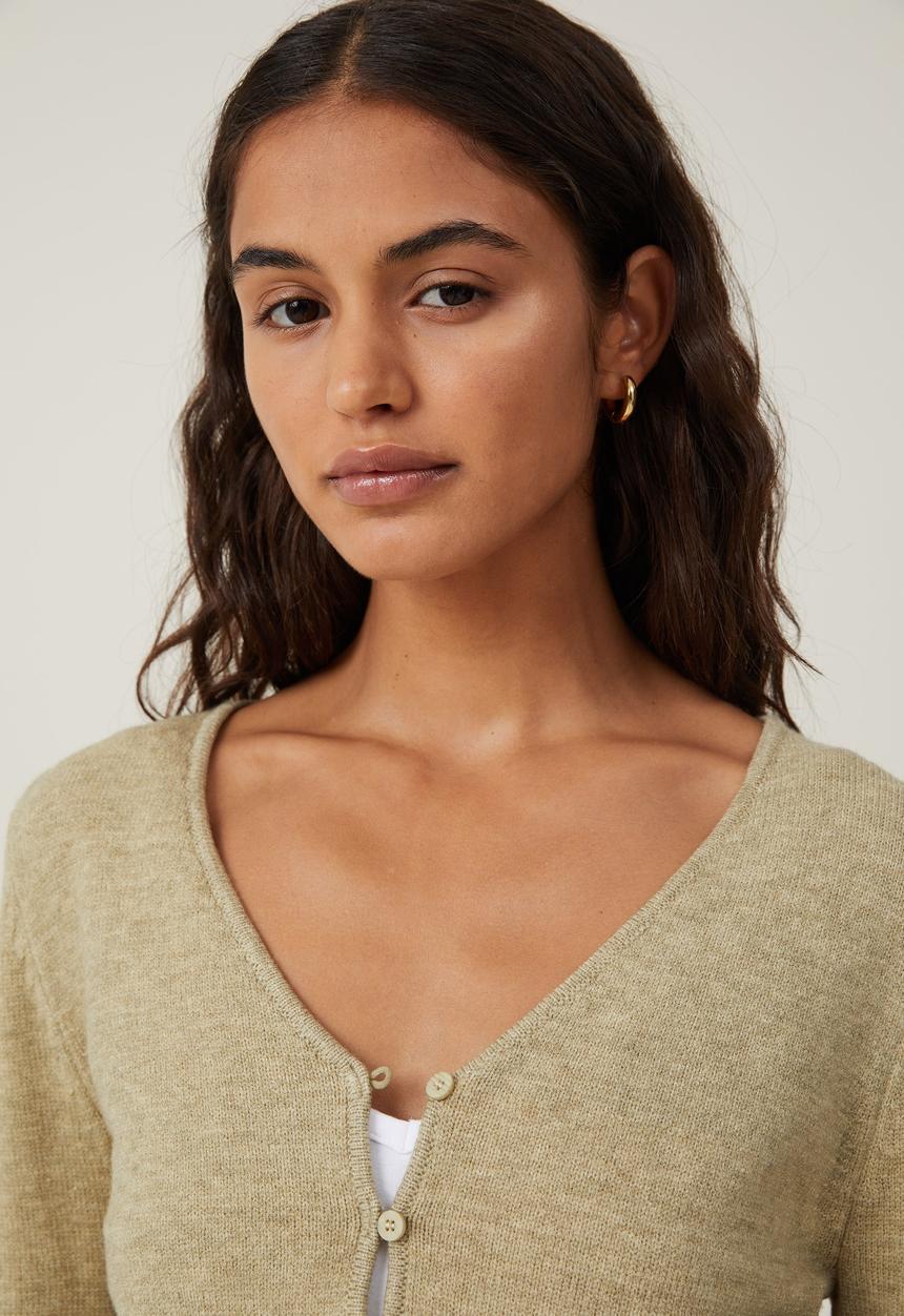 Cotton On - Everfine Crop V-Neck Button Cardigan - Olive Leaf Marle