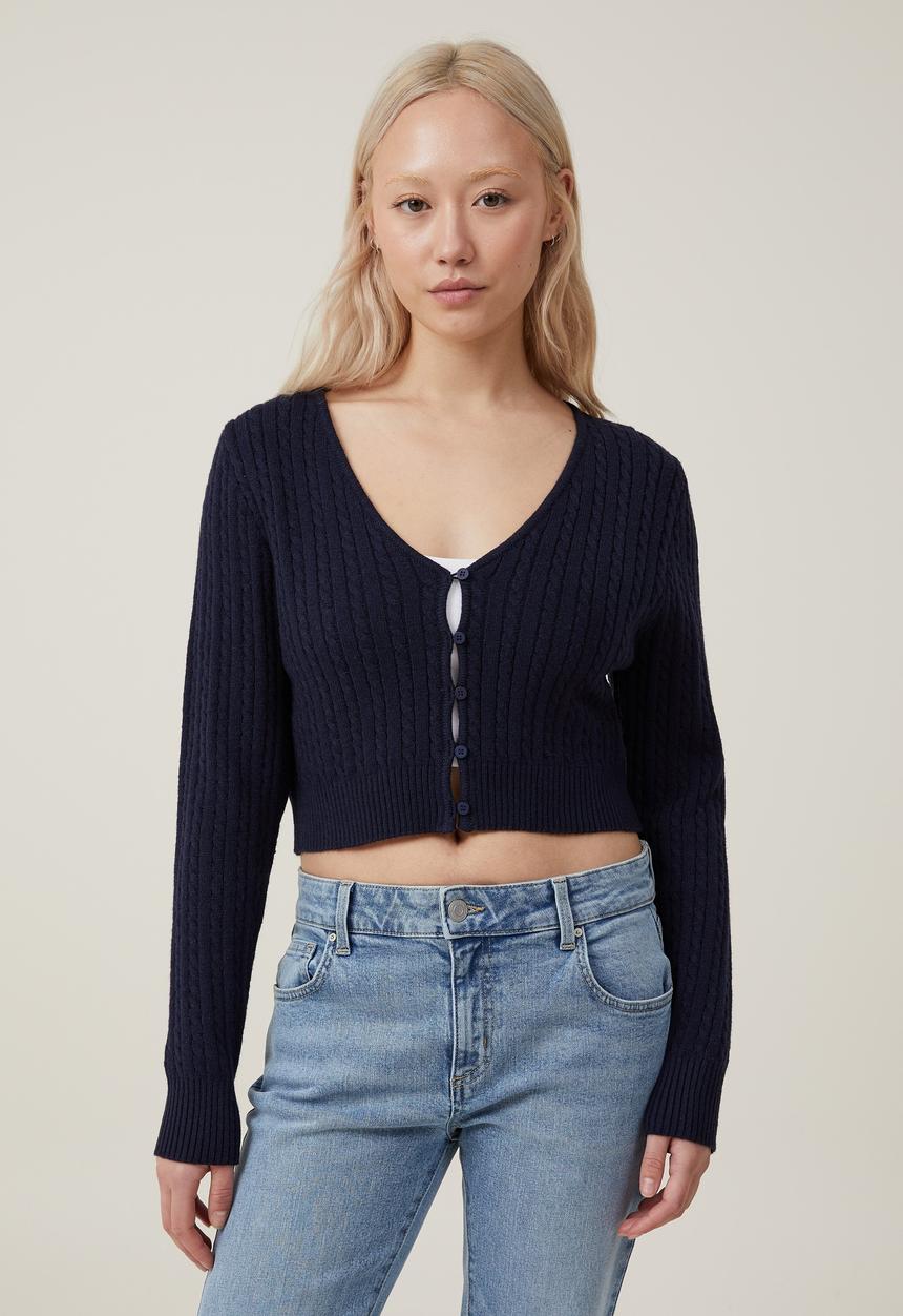 Cotton On - Everfine Crop V-Neck Button Cardigan - Winter Night Cable