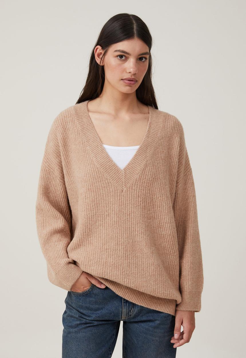 Cotton On - Everything Slouchy V-Neck Pullover - Chestnut Marle