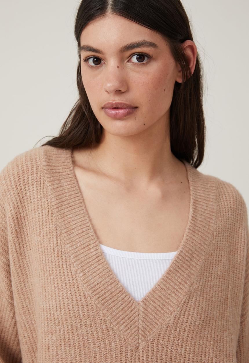Cotton On - Everything Slouchy V-Neck Pullover - Chestnut Marle
