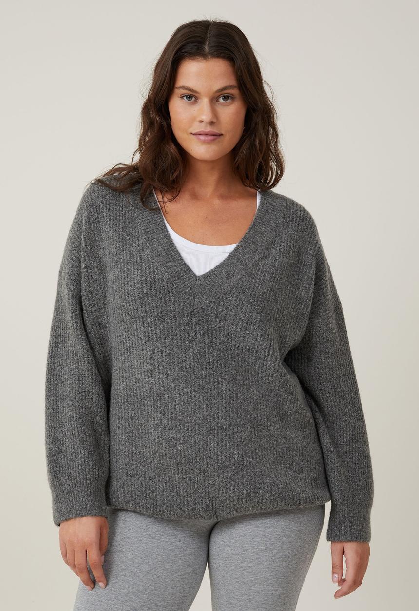 Cotton On - Everything Slouchy V-Neck Pullover - Dark Grey Shadow Marle