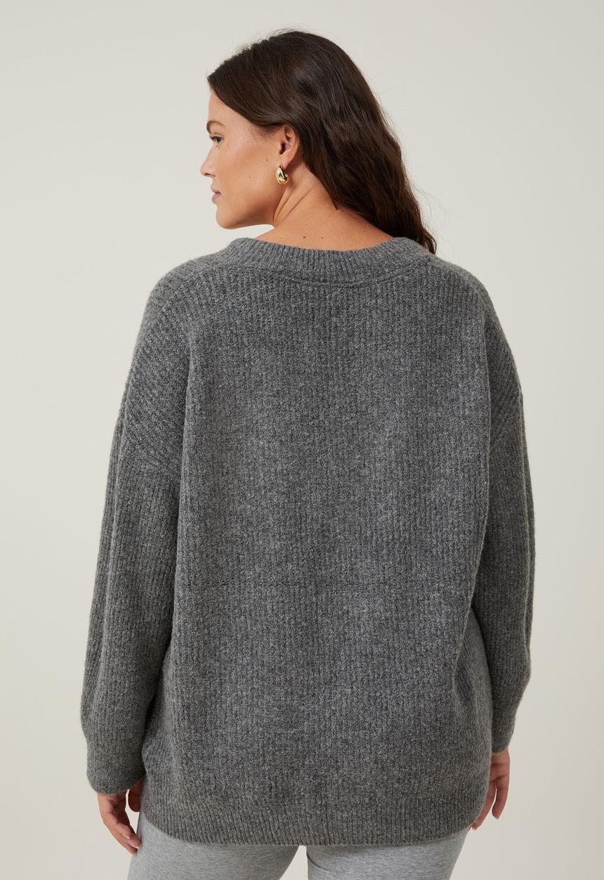 Cotton On - Everything Slouchy V-Neck Pullover - Dark Grey Shadow Marle