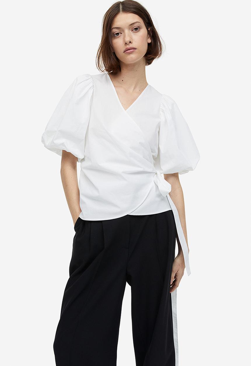 H&M - Balloon-sleeved wrap blouse - white