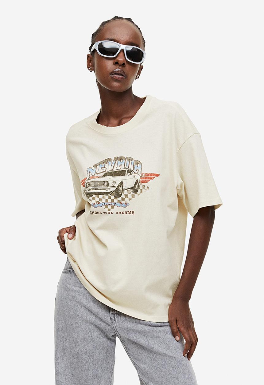 H&M - Oversized printed T-shirt - cream nevada