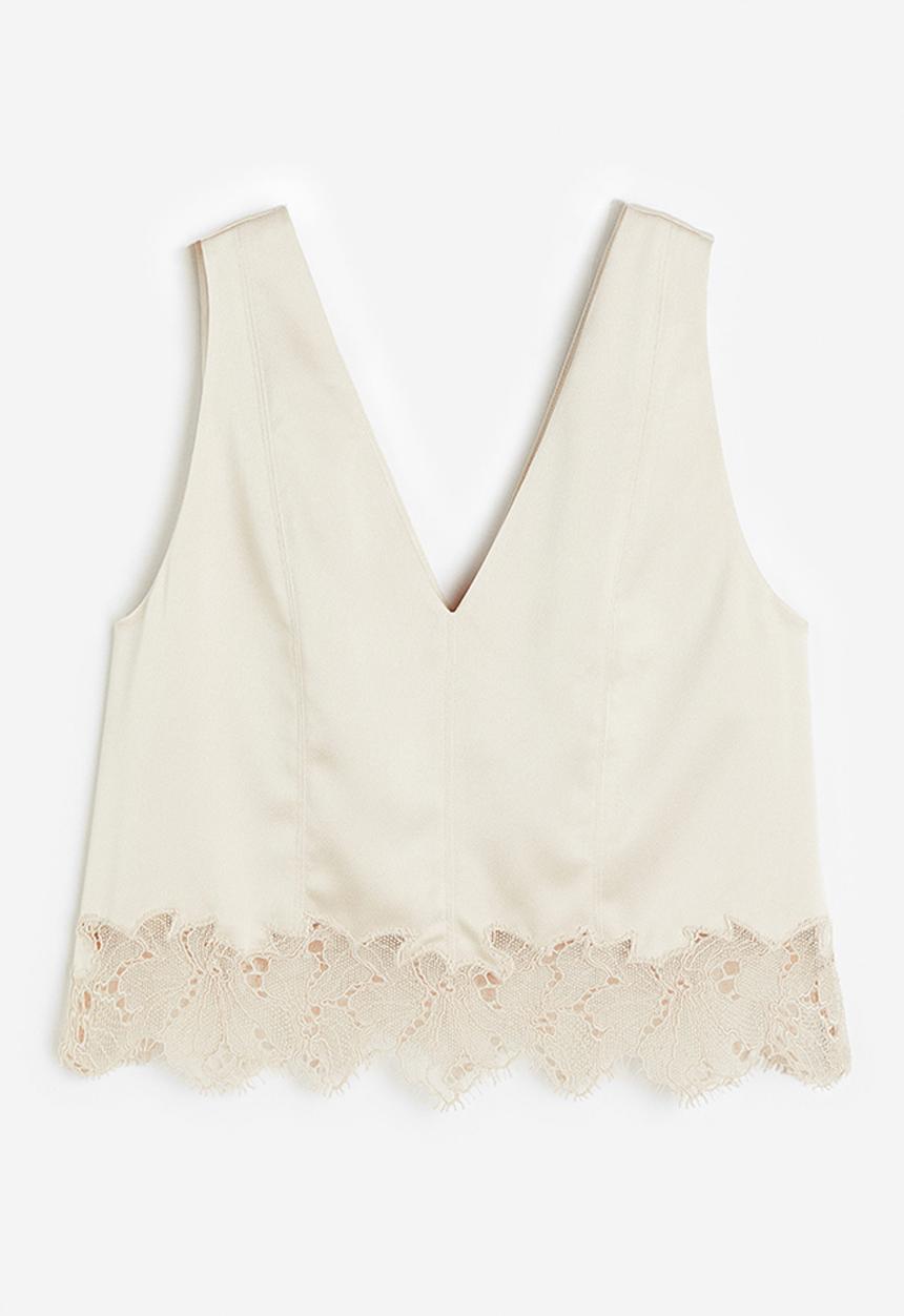 H&M - Lace-trimmed satin top - light beige