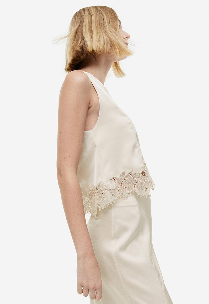 H&M - Lace-trimmed satin top - light beige