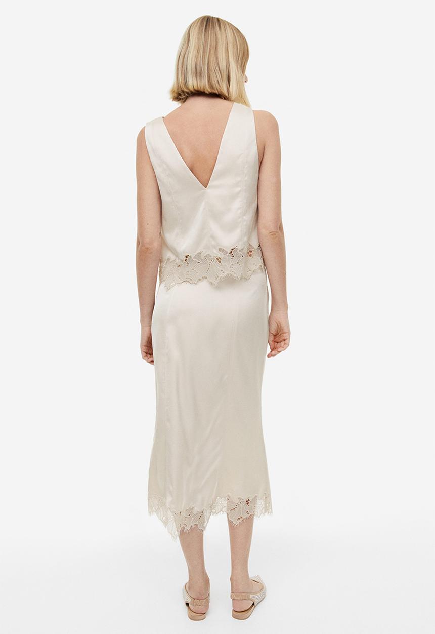 H&M - Lace-trimmed satin top - light beige