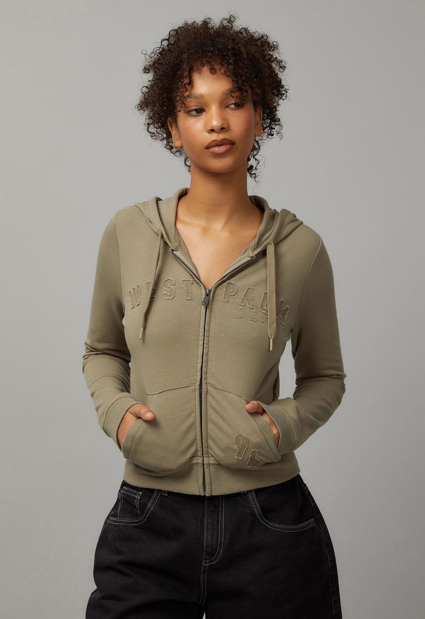 Factorie - Lightweight Graphic Zip Through Hoodie - Washed Olive/West Palm Beach