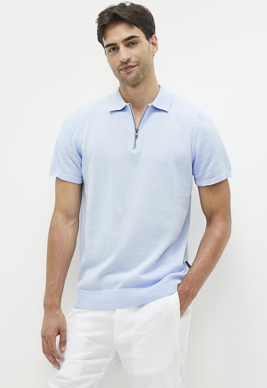 French Connection - Cotton zip polo short sleeve - sky