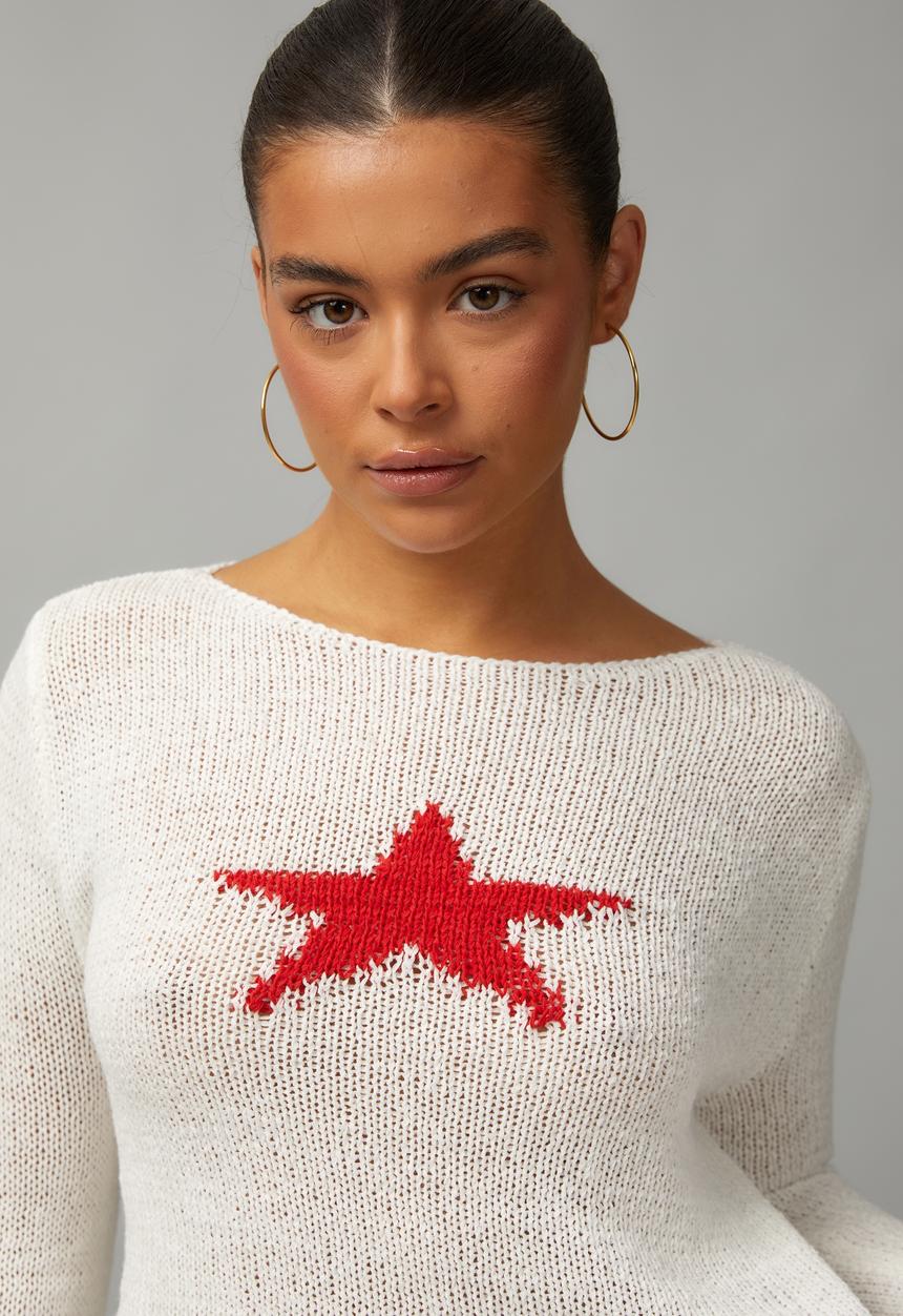 Factorie - Open Knit Star Jumper - Coconut/Red Star 