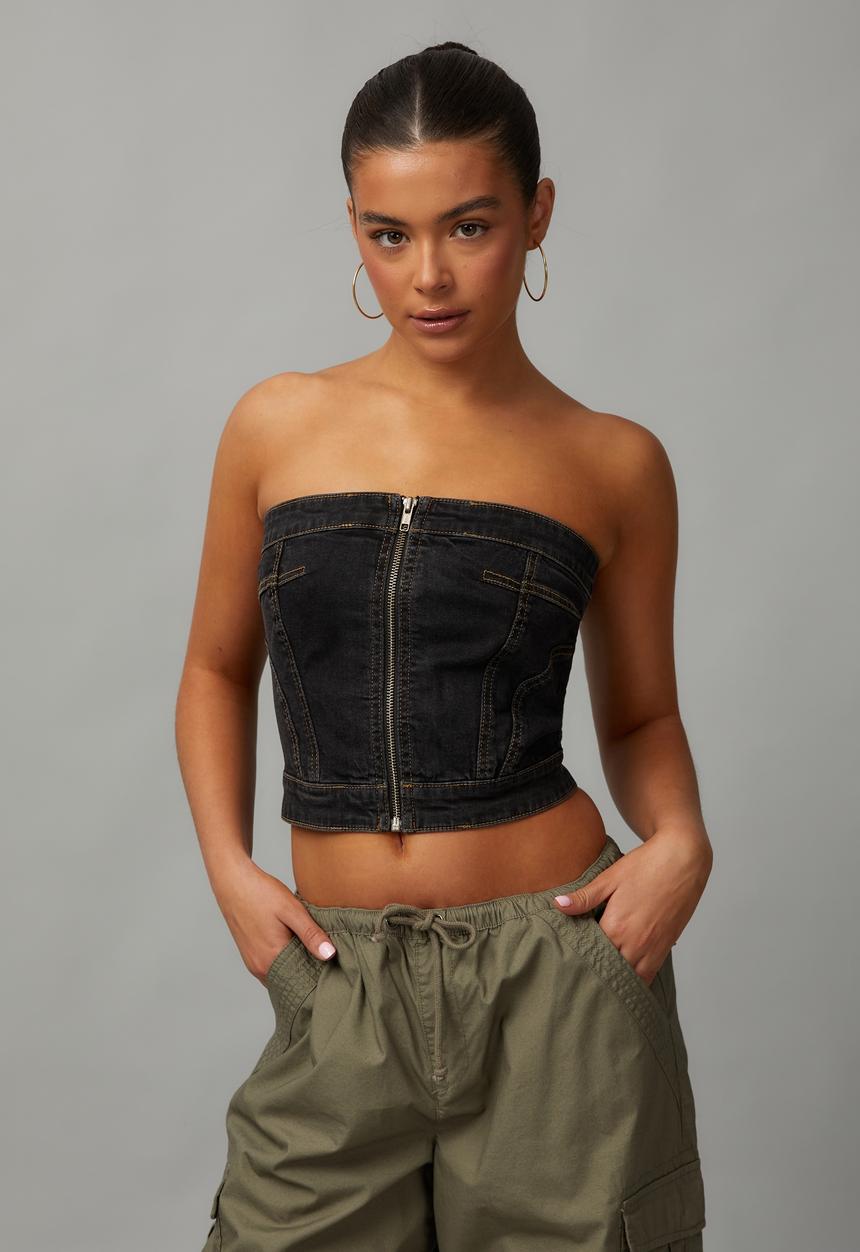 Factorie - Washed Denim Zip Thru Bandeau - Washed Black 