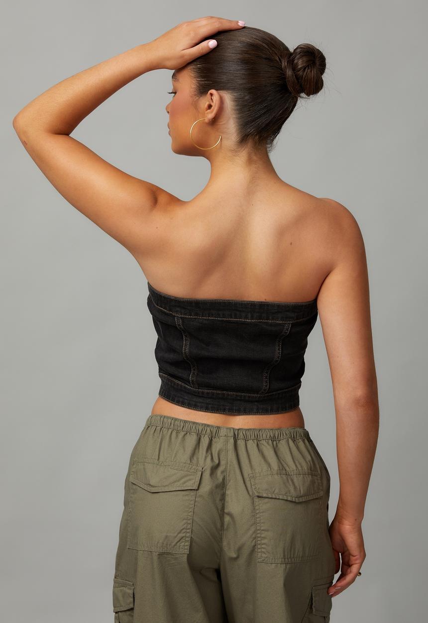 Factorie - Washed Denim Zip Thru Bandeau - Washed Black 