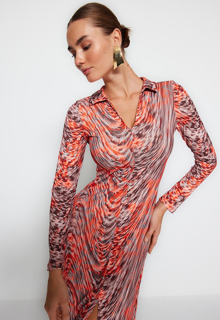 Trendyol - Patterned a-line midi dress - orange
