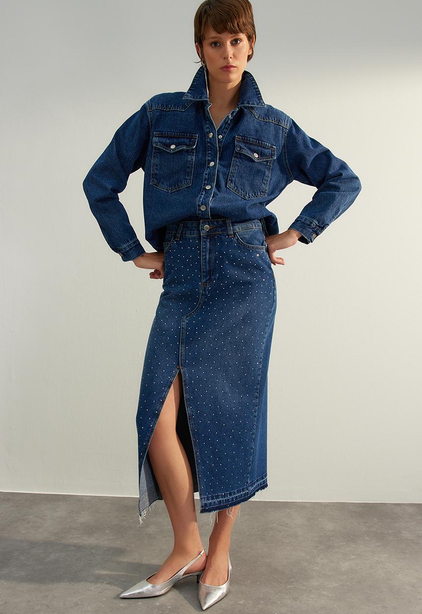 Trendyol - Midi denim skirt - dark blue