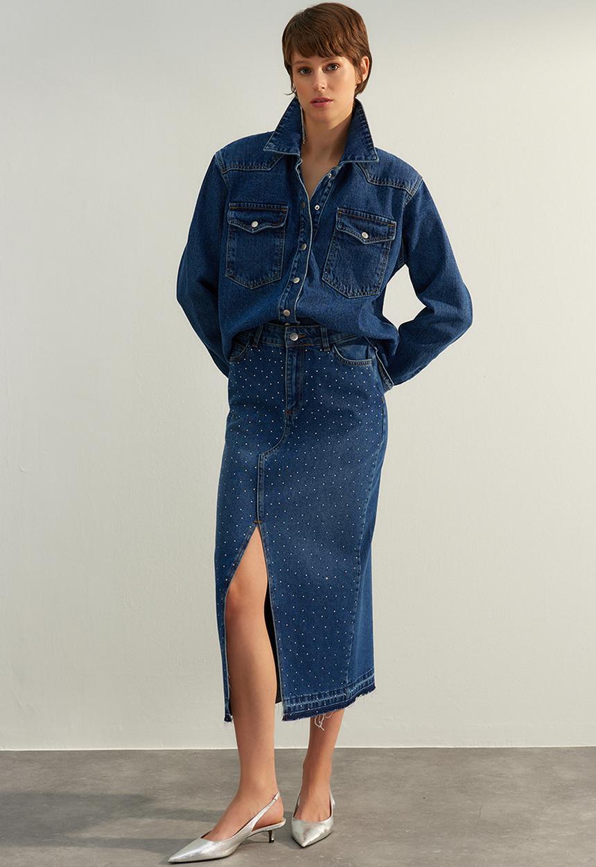 Trendyol - Midi denim skirt - dark blue