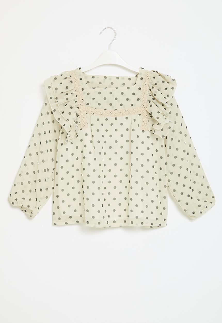 Pop Candy - Polka dot frilled top - white and black
