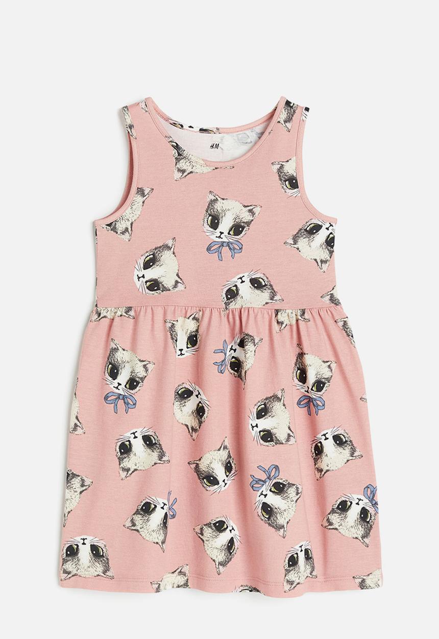 H&M - Patterned cotton dress - light pink kittens
