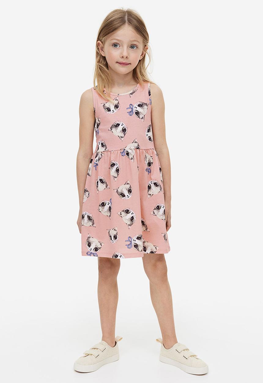 H&M - Patterned cotton dress - light pink kittens