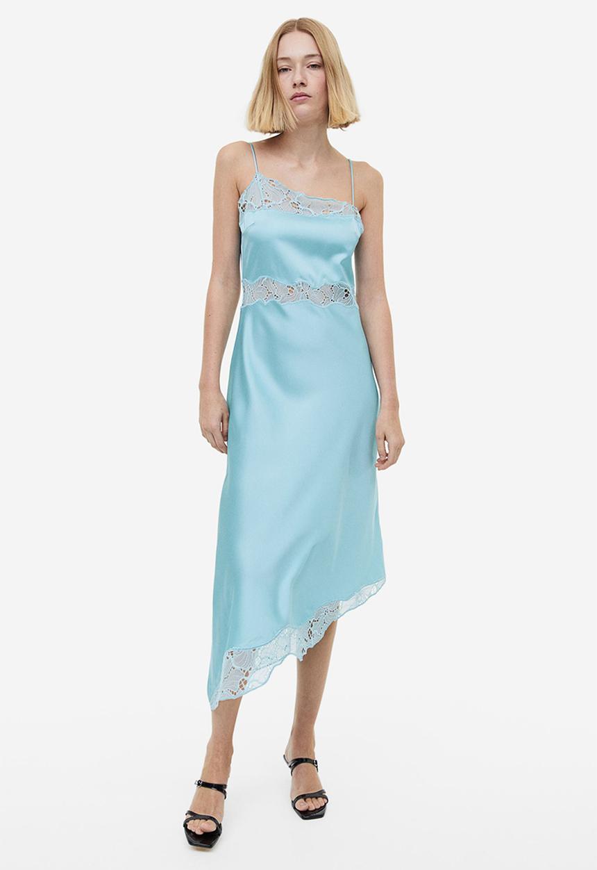 Lace-trimmed slip dress - light turquoise - 1173670001