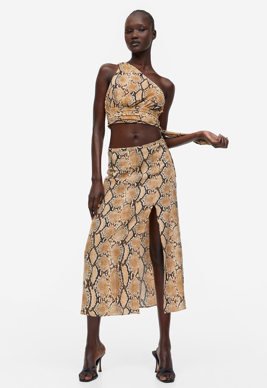 H&M - Cropped one-shoulder top - beige/snakeskin-patterned