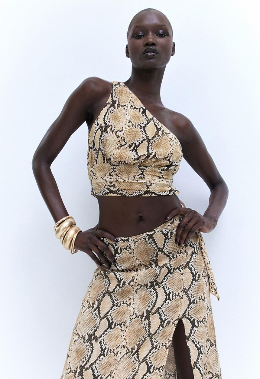 H&M - Cropped one-shoulder top - beige/snakeskin-patterned