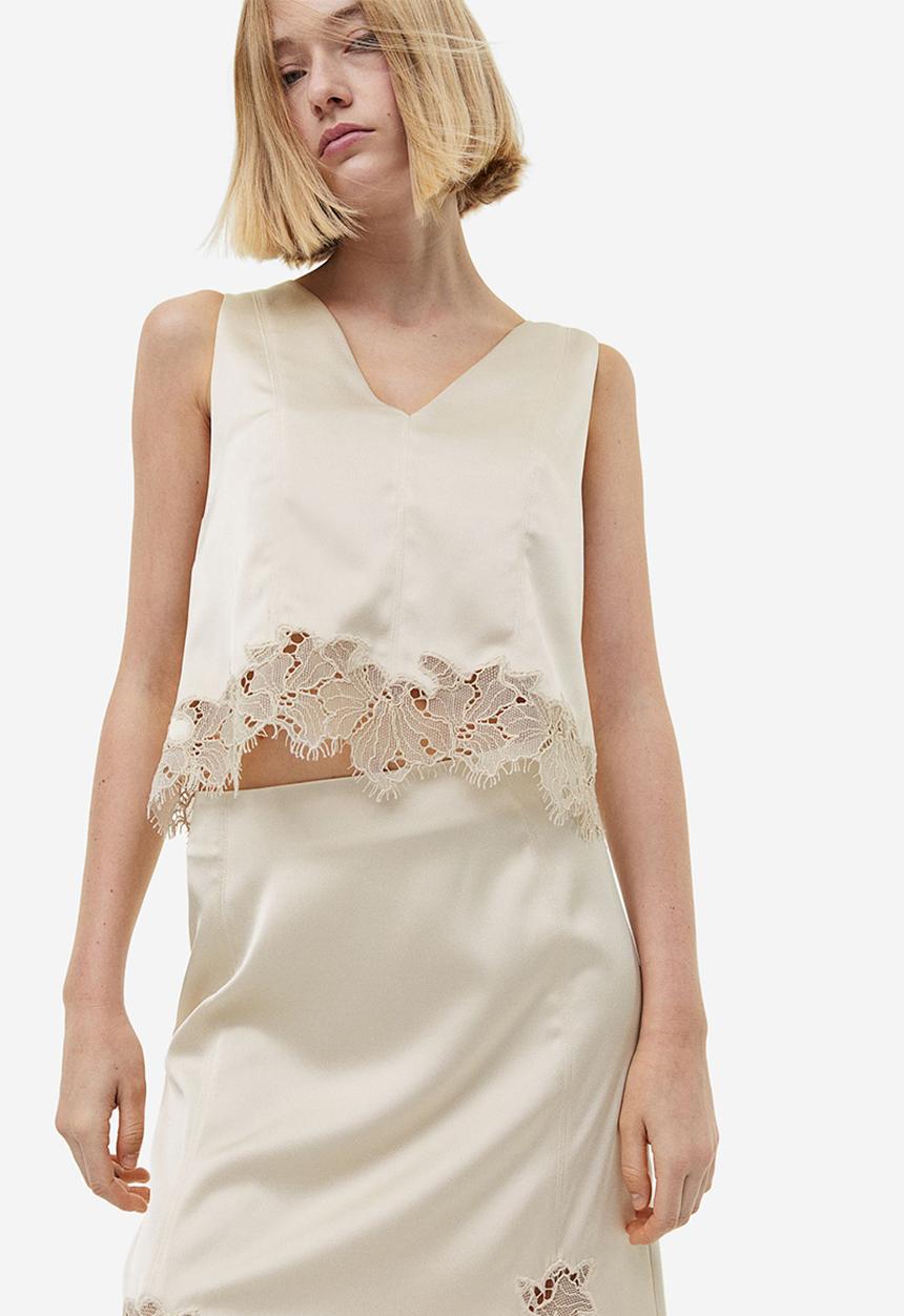 H&M - Lace-trimmed satin skirt - light beige