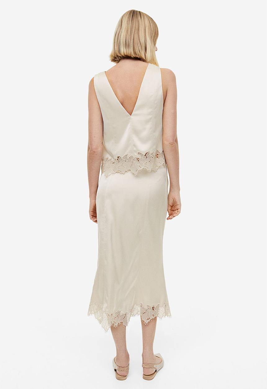 H&M - Lace-trimmed satin skirt - light beige
