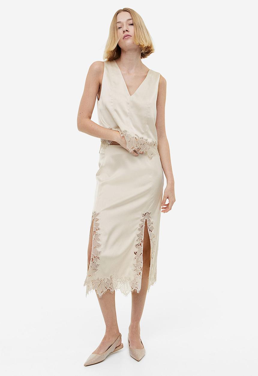H&M - Lace-trimmed satin skirt - light beige