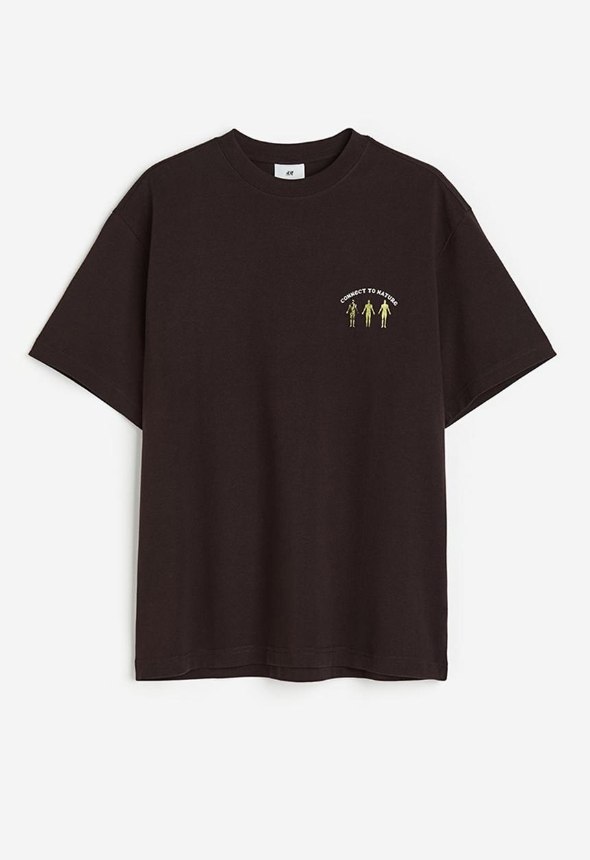 H&M - Loose fit printed t-shirt - dark brown connect to nature