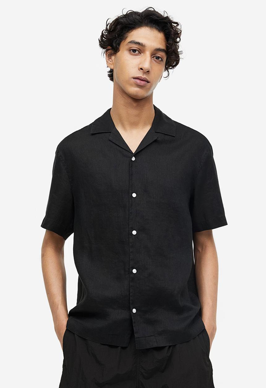 H&M - Relaxed fit linen resort shirt - black