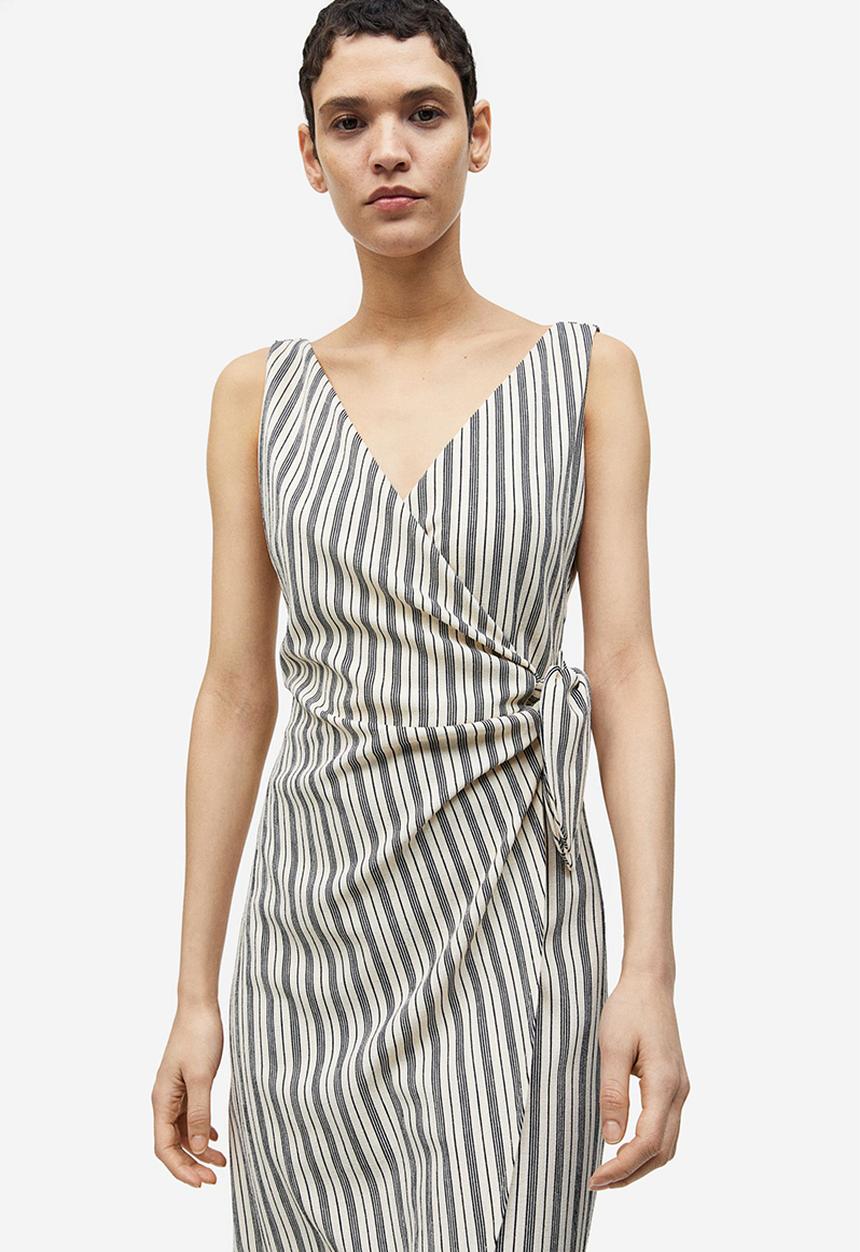 H&M - V-neck wrap dress - light beige striped