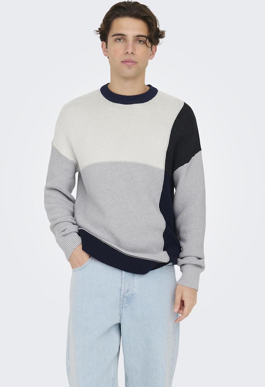 Only & Sons - Onskendruck Life Ds 5 Block Crew Knit - Light Grey Melange