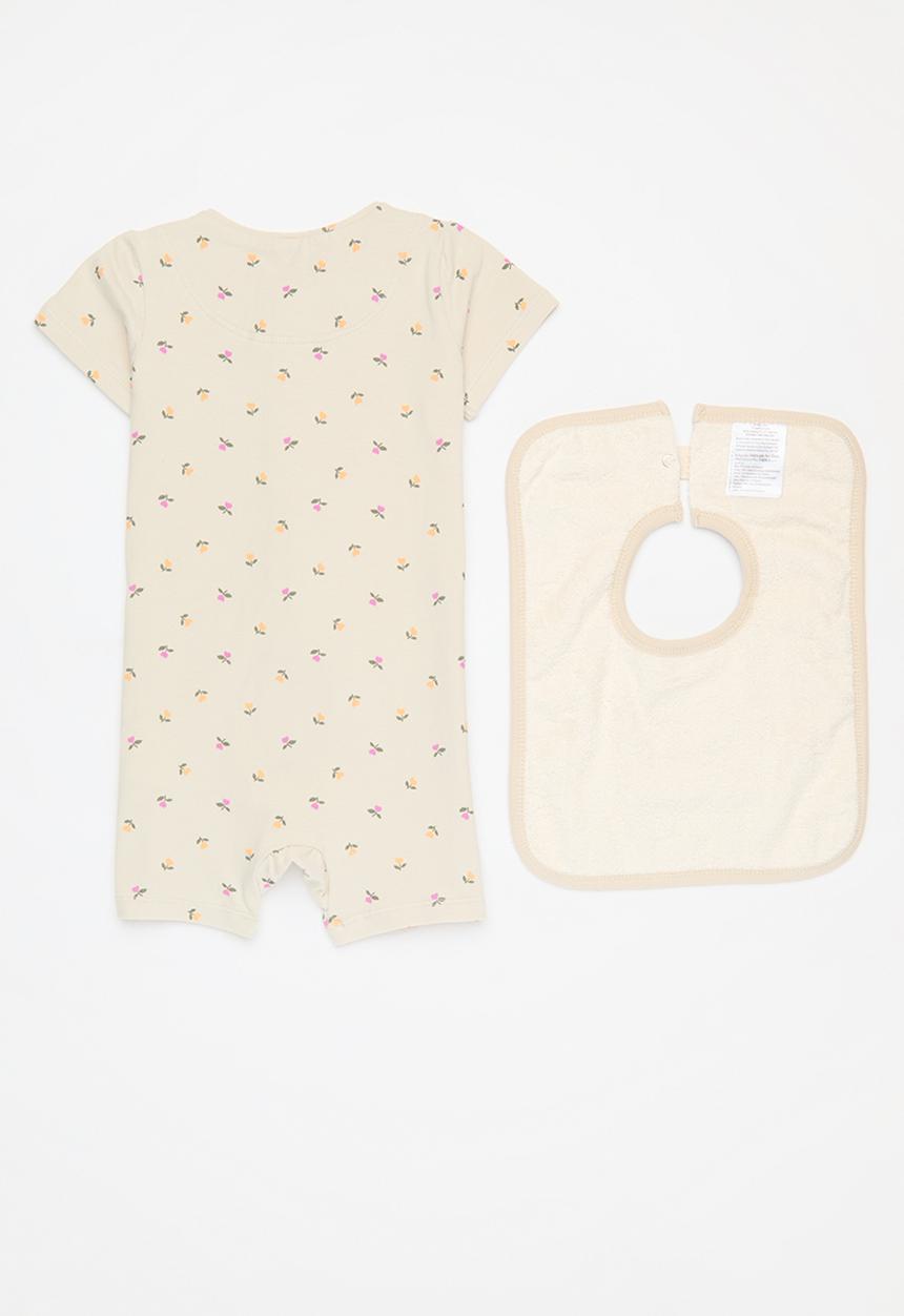 Cotton On - The short sleeve zip romper & square bib set - rainy day/tully tulips