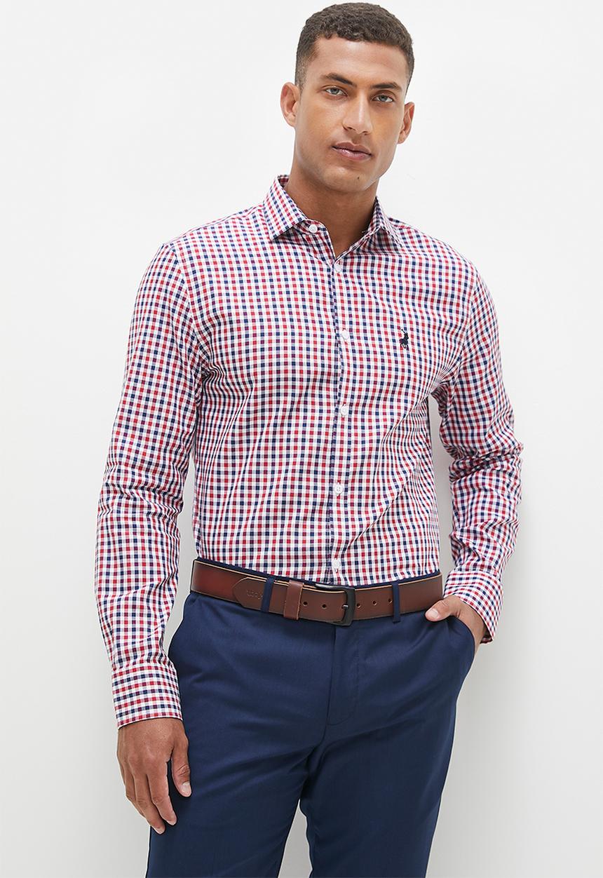 POLO - Mens textured gingham long sleeve shirt - multi 