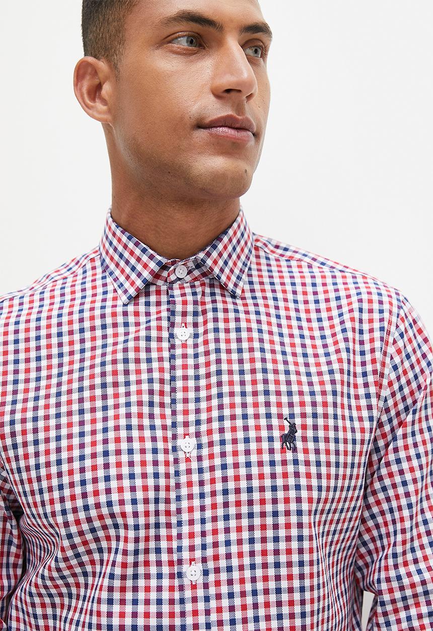 POLO - Mens textured gingham long sleeve shirt - multi 