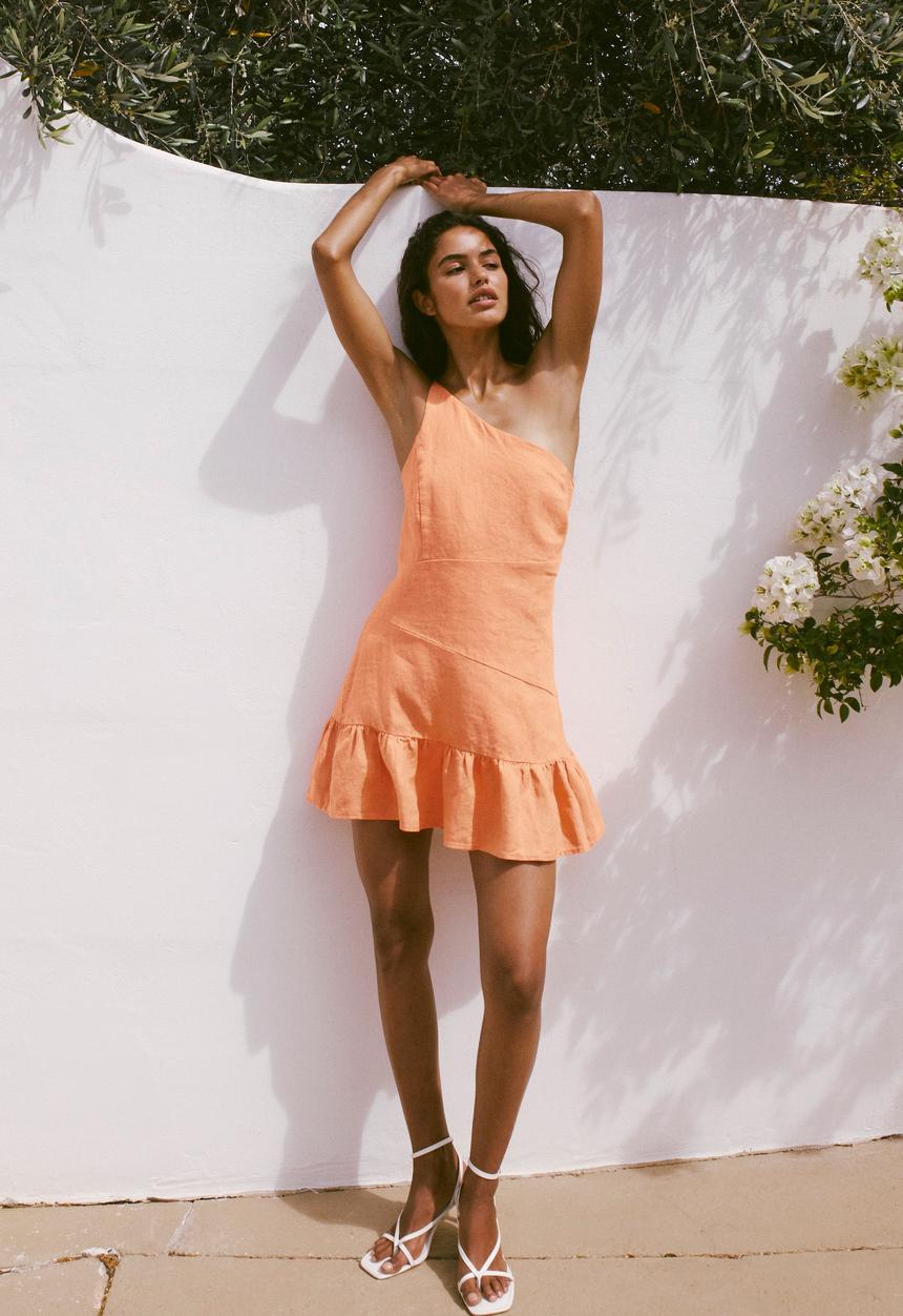 Cotton On - Frankie linen one shoulder mini dress - apricot fizz