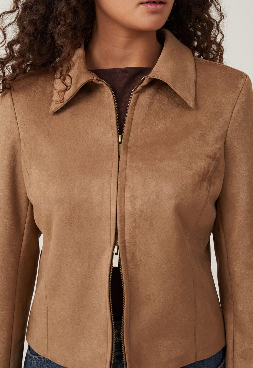 Cotton On - Faux suede fitted zip jacket - tan