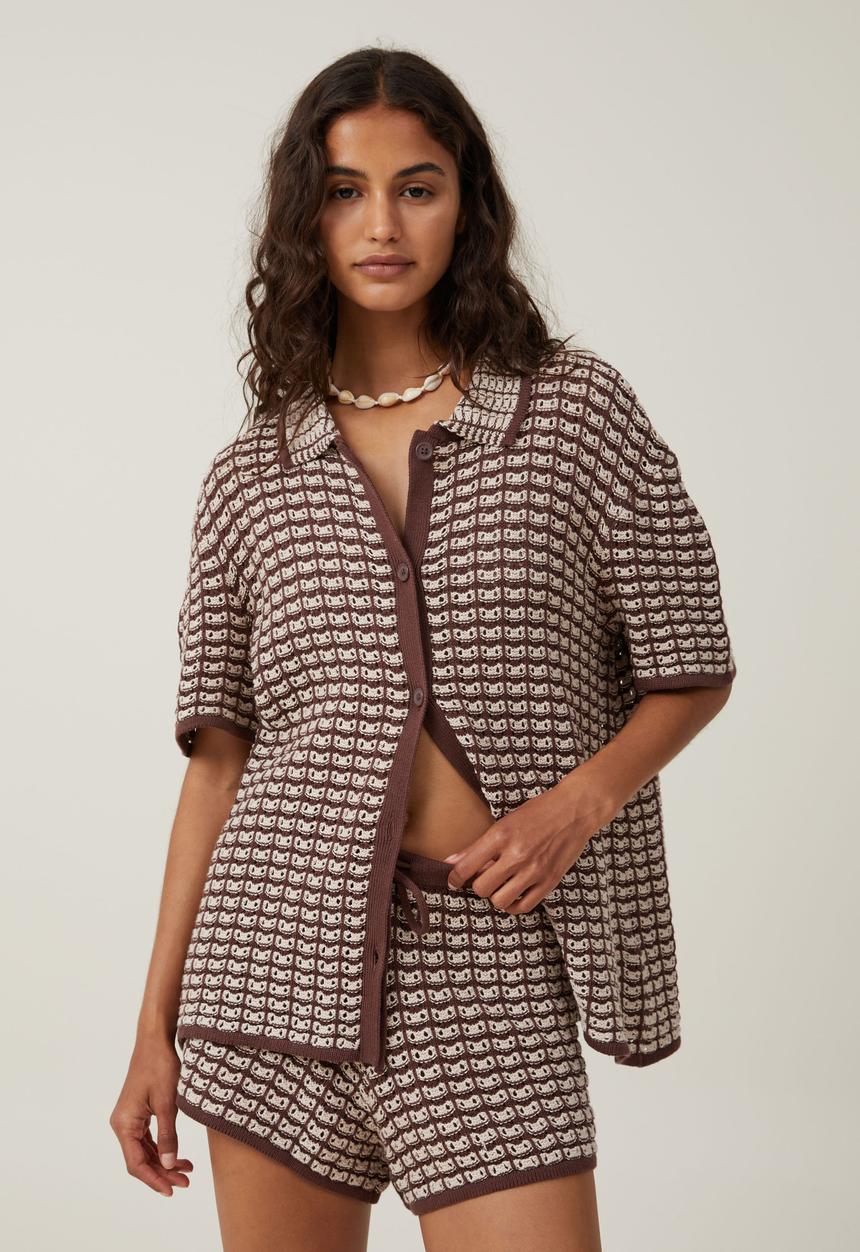 Cotton On - Cora crochet knit shirt - dark oak/stone