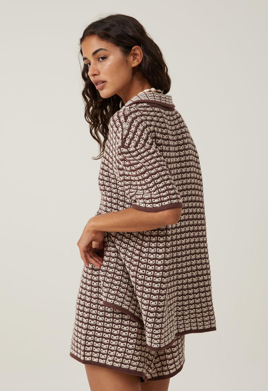 Cotton On - Cora crochet knit shirt - dark oak/stone
