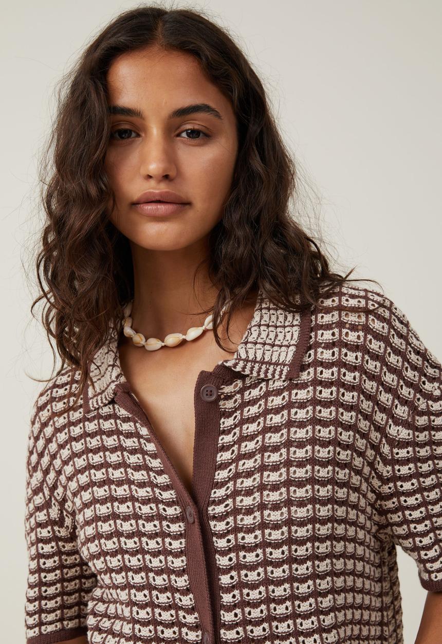 Cotton On - Cora crochet knit shirt - dark oak/stone