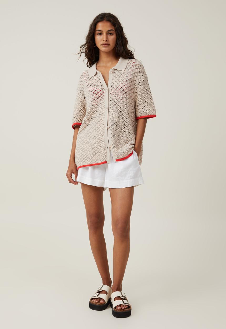 Cotton On - Cora crochet knit shirt - stone/summer red