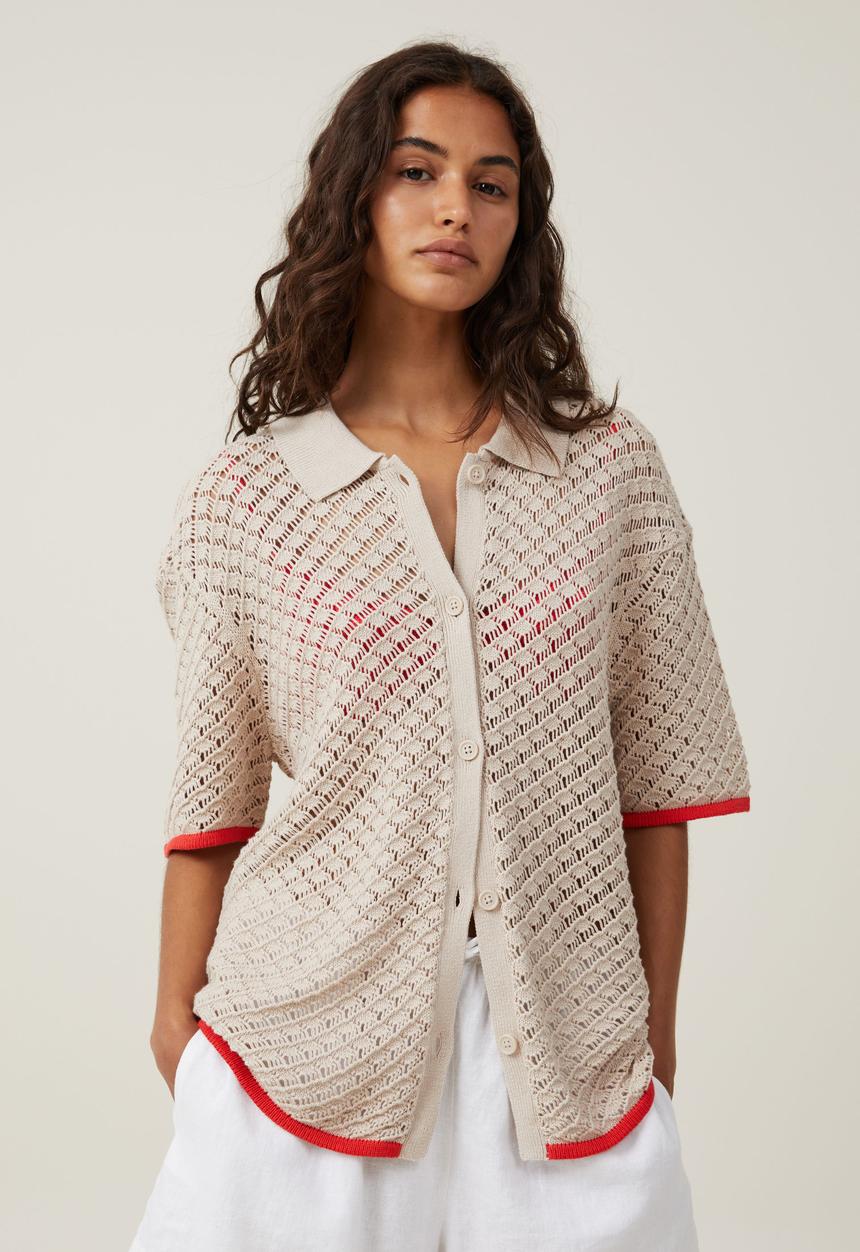 Cotton On - Cora crochet knit shirt - stone/summer red