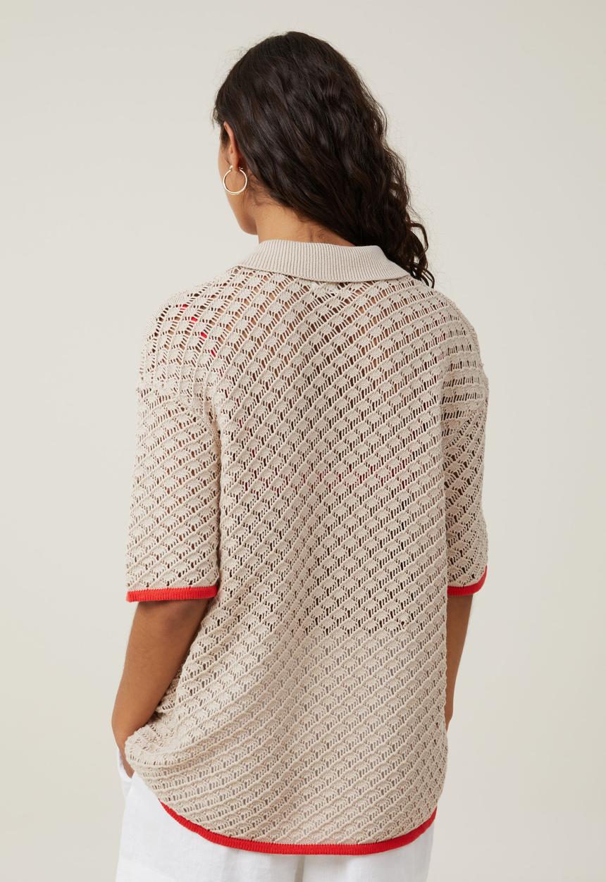 Cotton On - Cora crochet knit shirt - stone/summer red