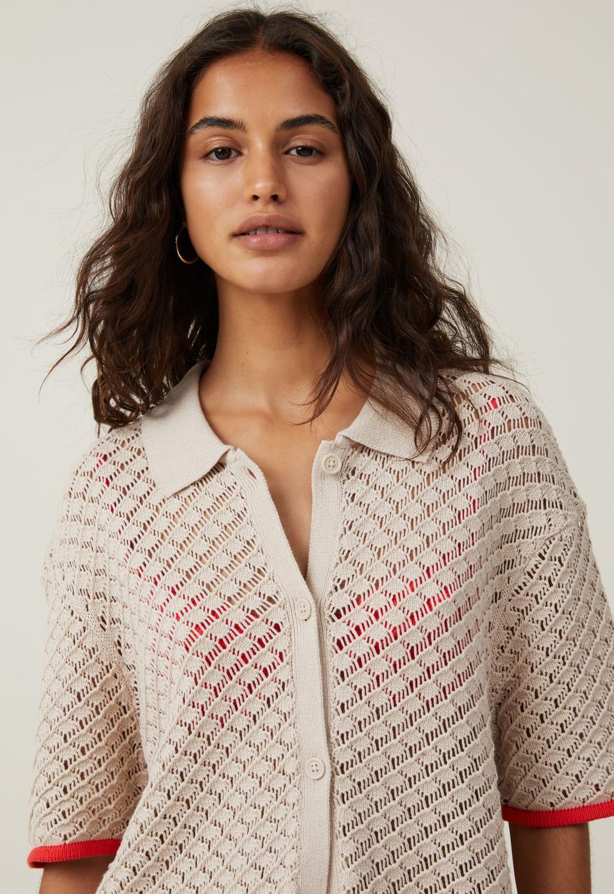 Cotton On - Cora crochet knit shirt - stone/summer red