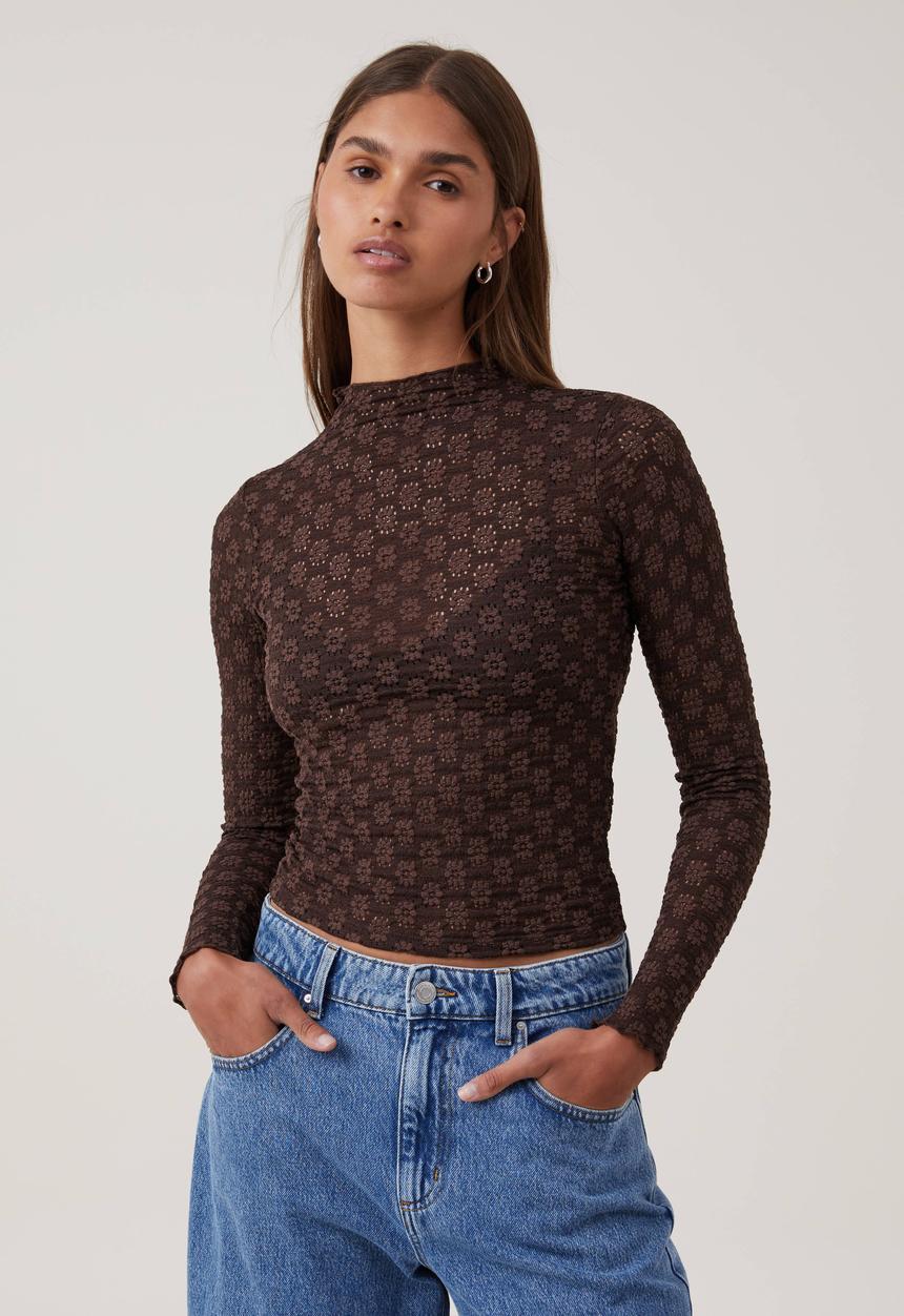 Cotton On - Luna textured mock neck long sleeve top - dark oak