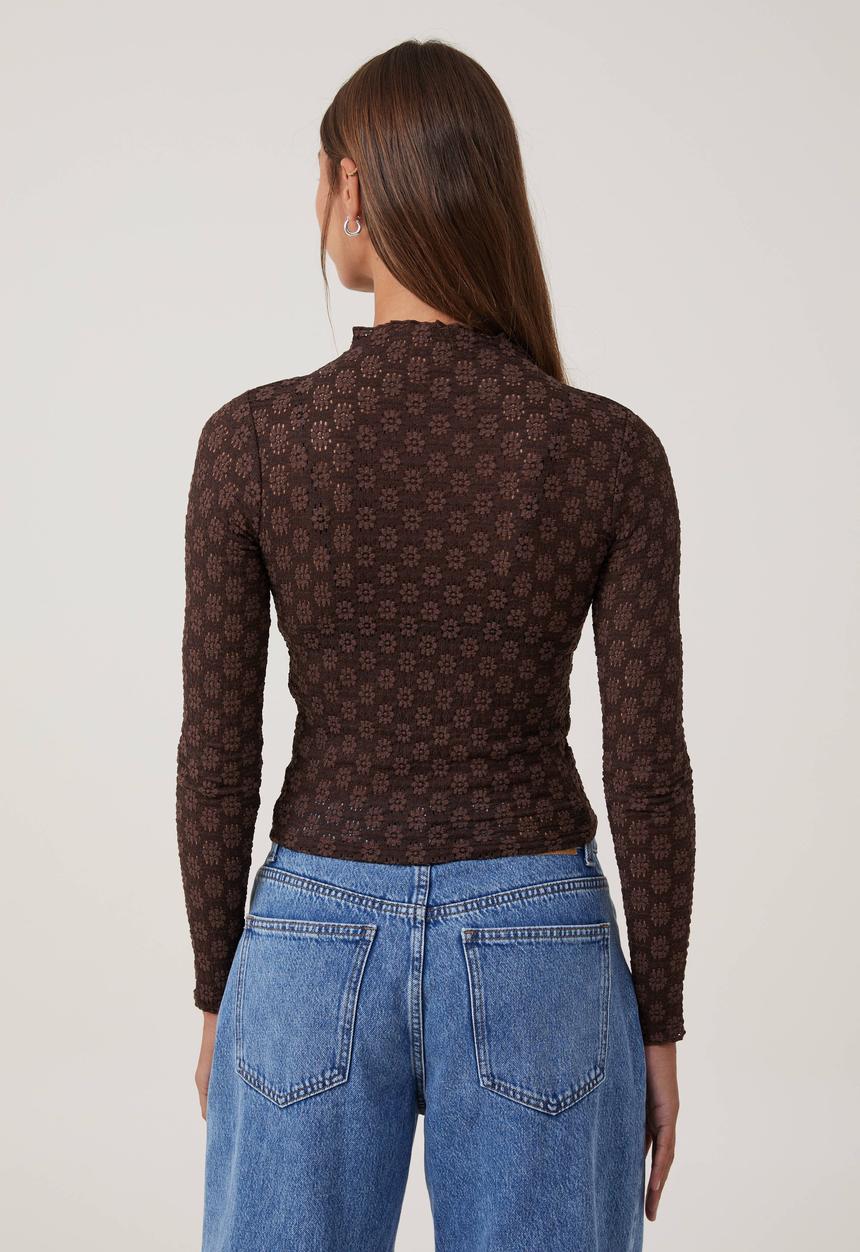 Cotton On - Luna textured mock neck long sleeve top - dark oak