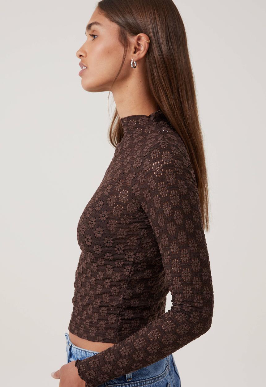 Cotton On - Luna textured mock neck long sleeve top - dark oak
